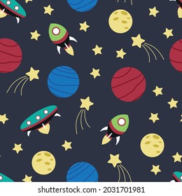 Space seamless pattern. Galaxy exploration illustration. Stars, rockets, ufo, planets, comets on a dark background background. Children's wallpaper, textiles, texture design, paper, printed matter.