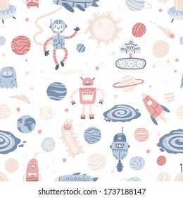 Space seamless pattern. Galaxy, planets, robots and aliens. A childish vector collection of hand-drawn cartoon objects in a simple Scandinavian style. Pastel isolated on a white background.