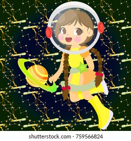 Space seamless pattern. Girl astronaut Vector illustration. Paper for scrapbooking