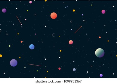 Space seamless pattern. Gradient planets and stars. Round white dots on dark blue background looking like snow falling.