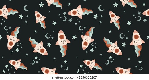 Espaço padrão sem emenda com foguete groovy, lua e estrelas. Fundo cósmico. 60s, 70s vibração, ilustração vetor retro