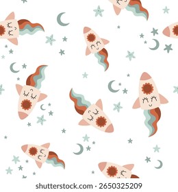 Espaço padrão sem emenda com foguete groovy, lua e estrelas. Fundo cósmico. 60s, 70s vibração, ilustração vetor retro