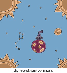 Space seamless pattern. Hand draw space illustration with a rocket, astronaut, planets and aliens. Cute, children s vector drawing about spaceships, flying saucers and shuttles. Space with Saturn