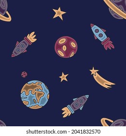 Space seamless pattern. Hand draw space illustration with a rocket, astronaut, planets and aliens. Cute, children s vector drawing about spaceships, flying saucers and shuttles. Space with Saturn