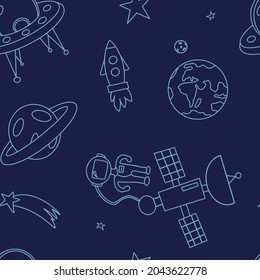 Space seamless pattern. Hand draw space illustration with a rocket, astronaut, planets and aliens. Cute, children s vector drawing about spaceships, flying saucers and shuttles. Space with Saturn