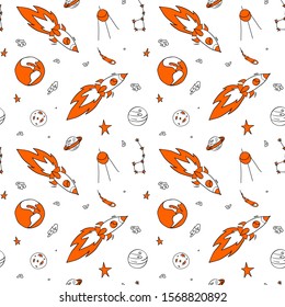 Space seamless pattern. Hand drawn cosmic objects with orange details on white background. Vector illustartion.