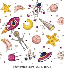 Space. Seamless pattern. Space icons and elements. Vector illustration. Hand-drawn.