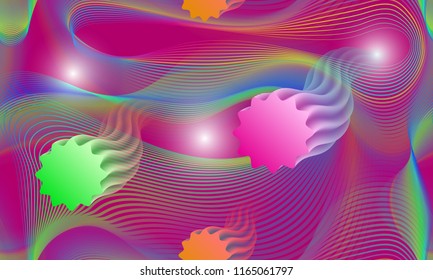 Space seamless pattern of iridescent chaotic lines and floating ethereal shapes.