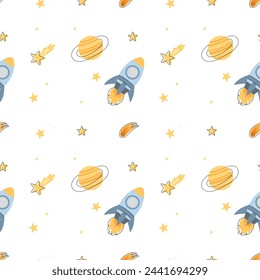Space seamless pattern. Kids background with rocket, stars, Saturn, planets. Vector space doodle illustration on white background. Flat design.