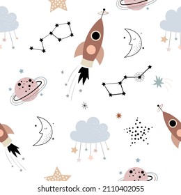 Patrón sin costuras de espacio para los niños, niños.Sala de vivero de papel tapiz, fondo para papel de regalo, estilo de doodle