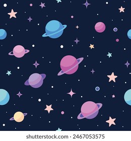 Space seamless pattern for kids, children.Wallpaper nursery room, background for gift paper, doodle style