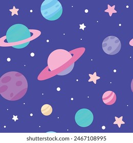 Space seamless pattern for kids, children.Wallpaper nursery room, background for gift paper, doodle style