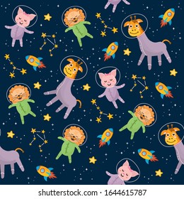 Space seamless pattern. Kids illustration with different elements of space. Astronaut animal, lion, piglet, giraffe, stars, rocket, constellation. Outer space.