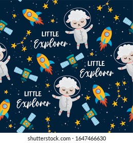Space seamless pattern. Kids illustration with hand lettering text and different elements of cosmos. Astronaut lamb, cute planets, stars, ufo, rocket, constellations.