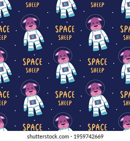 space seamless pattern, kids illustration with lettering text and different elements of cosmos, pattern of astronaut lambs