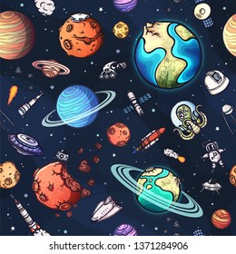 Space seamless pattern with many hand-drawn doodles. Colorful vector illustration.