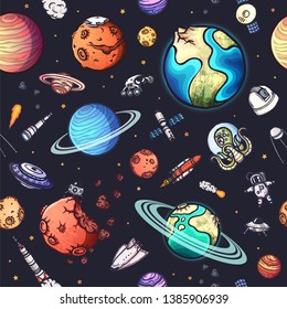 Space seamless pattern with many hand-drawn doodles. Colorful vector illustration.
