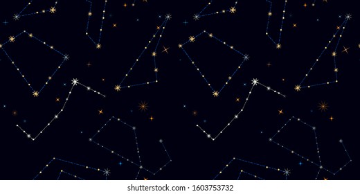 Space seamless pattern. Night sky with stars, constellations on a black background. Vector illustration.  Abstract background. Fashionable print for fabrics, textiles, interior, magazine covers...