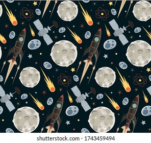 Space seamless pattern on the black background