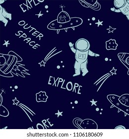 Space seamless pattern on a blue background. Ideal for kids wear, wrapping paper, textile, prints, etc.