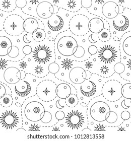 Space seamless pattern on white background. Doodle repeat textile print, wallpaper, wrapping, coloring pages.