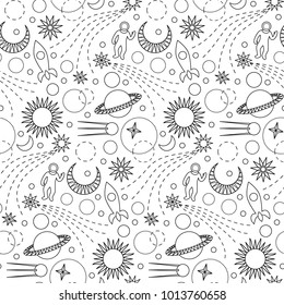 Space seamless pattern on white background. Doodle repeat textile print, wallpaper, wrapping, coloring pages.