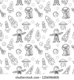 Space seamless pattern on white background. Doodle repeat textile print, wallpaper, wrapping, coloring pages.
