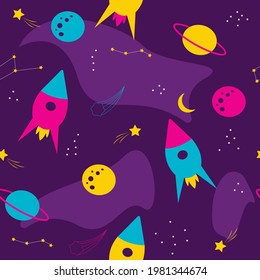 Space seamless pattern. Open space with cartoon rocket, comet, stars and planets. Bright children's design. Vector illustration for fabric, poster, packaging.