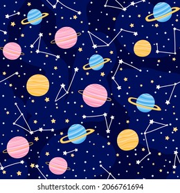 Space seamless pattern with planets, constellations, stars, childish ornate for beddding or textile with cosmic elements