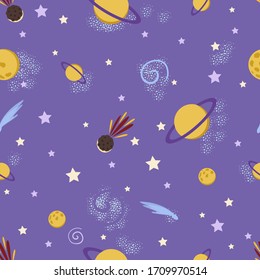 Space seamless pattern with planets, meteorite or asteroid, galaxy, stars. Universe and cosmos background. Vector illustration for textile, fabric, nursery.
