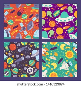 Space seamless pattern. Planets, moon, satellites, rockets and stars. Cartoon alliens and UFO spaceship icons vector illustration. Exploring space with telescope. Constellation, collapsar.