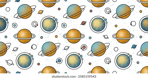 Space seamless pattern with planets, moons and stars. Abstract galaxy background, celestial pattern with cute planets with orbits and satellites in dark night sky, vector illustration