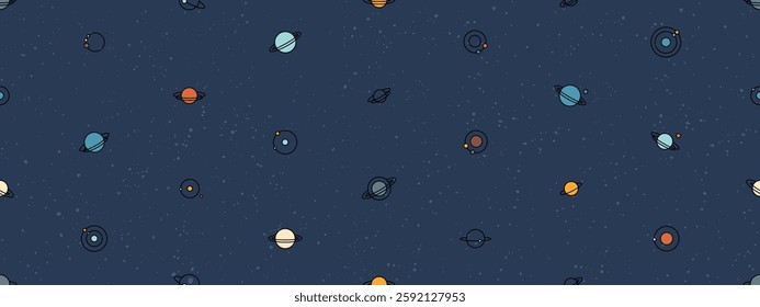 Space seamless pattern with planets, moons and stars. Abstract galaxy background, celestial pattern with cute planets with orbits and satellites in dark night sky, vector illustration