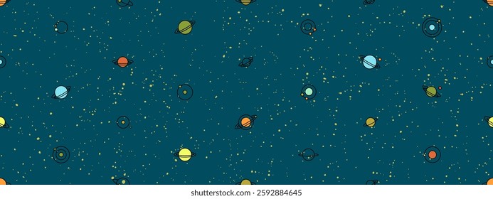 Space seamless pattern with planets, moons and stars. Abstract galaxy background, celestial pattern with cute planets with orbits and satellites in dark night sky, vector illustration