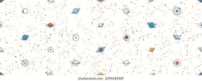 Space seamless pattern with planets, moons and stars. Abstract galaxy background, celestial pattern with cute planets with orbits and satellites in dark night sky, vector illustration