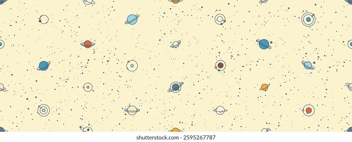 Space seamless pattern with planets, moons and stars. Abstract galaxy background, celestial pattern with cute planets with orbits and satellites in dark night sky, vector illustration