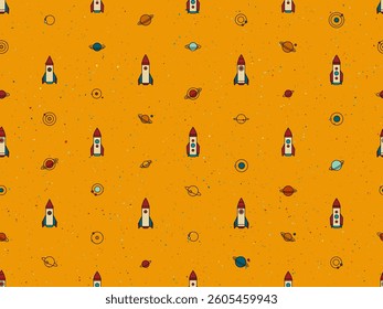 Space seamless pattern with planets, moons and rockets. Abstract cosmic background, celestial pattern with cute planets with orbits and satellites, vector illustration. Cosmos icons with spaceship and