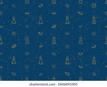 Space seamless pattern with planets, moons and rockets. Abstract cosmic background, celestial pattern with cute planets with orbits and satellites, vector illustration. Cosmos icons with spaceship and