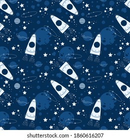 Space seamless pattern. Planets, rockets and stars. Cartoon spaceship icons. Childish background. Hand drawn magick sky vector illustration. Dreaming galaxy night fabric.
