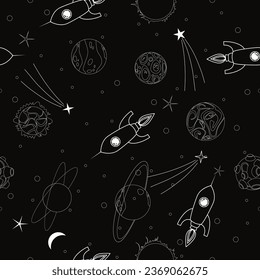 Space Seamless pattern planets, rockets and stars