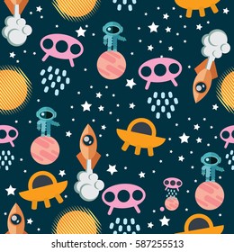  Space Seamless Pattern with planets, rockets, flying saucers, aliens, astronauts. Vector