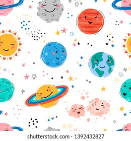 Space Seamless Pattern with Planets Solar System, Sun, Meteorite and Stars. Doodle Cartoon Cute Planet Smiling Face. Space Vector Background for Kids t-shirt Print, Nursery Design, Birthday Party