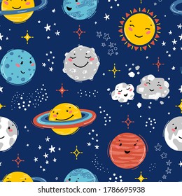 Space Seamless Pattern with Planets Solar System, Sun, Meteorite and Stars. Doodle Cartoon Cute Planet Smiling Face. Space Vector Dark Blue Background for Kids. Nursery Design, Birthday Party