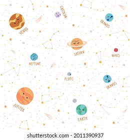 Space Seamless Pattern with Planets Solar System, Sun, Meteorite, Stars and Constellations.Doodle Cartoon Cute Planet Smiling Face. Kids poster for Kids t-shirt Print, Nursery Design, Wallpaper.