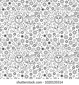 Space seamless pattern. Planets, stars. Background texture. Wallpaper in black and white