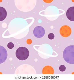 Space seamless pattern with planets and stars. Cartoon style