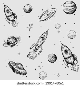 Space seamless pattern with planets, stars, rockets. Hand drawn sketch converted to vector.