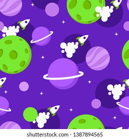 Space seamless pattern. Planets and stars. Vector cartoon illustration.