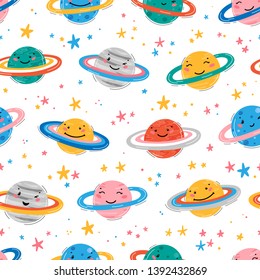 Space Seamless Pattern with Planets and Stars. Doodle Cartoon Cute Saturn Planet Smiling Face. Space Vector Background for Kids t-shirt Print, Nursery Design, Birthday Party