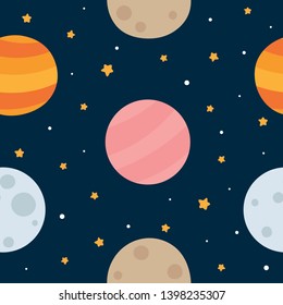 Space Seamless Pattern with Planets and Stars. Doodle Cartoon Cute Planet Smiling Face. Vector Background